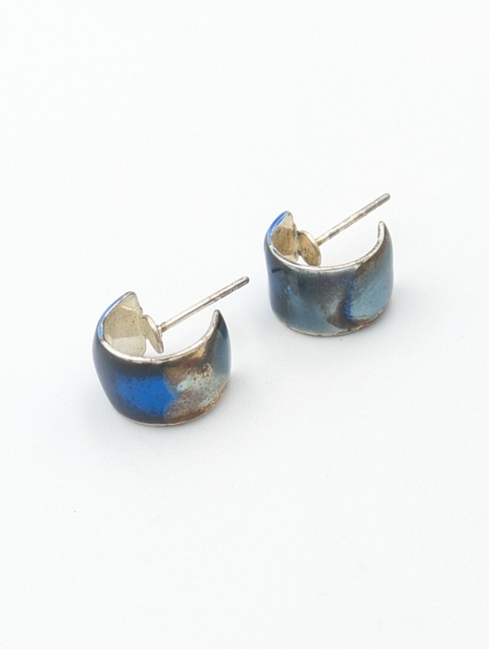 Vintage silver tone and blue enamel small stud earrings